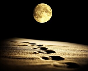 Moonlit Footsteps on Sand Under a Bright Night Sky