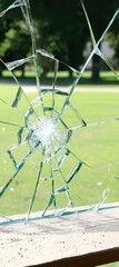 Shattered Glass Panel with Cracks Reflecting Bright Green Outdoors