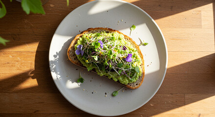 Overhead Vegan Avocado Toast with Microgreens and Edible Flowers