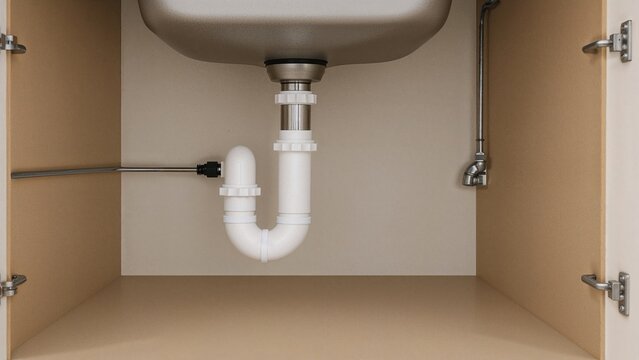 Under-sink plumbing including PVC drain pipe, flexible connection tube, faucet, and water trap for waste removal