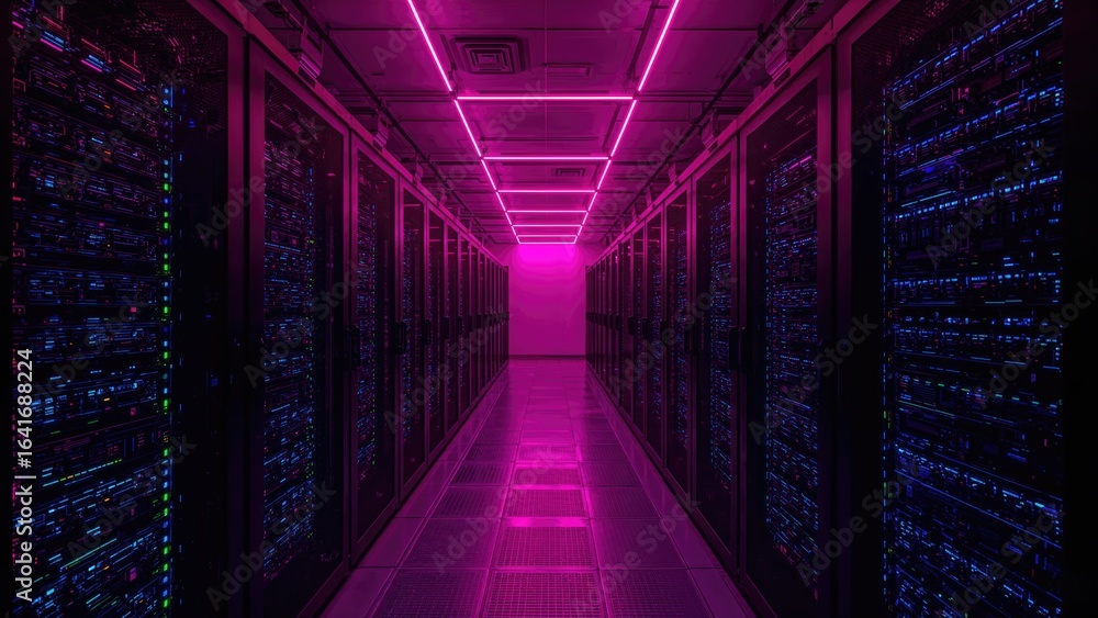 Poster conceptual structure for ai, technology, and contemporary telecom in a dimly lit data facility with 
