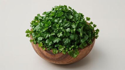 Fototapeta premium Top-down perspective of fresh cilantro in a wooden dish