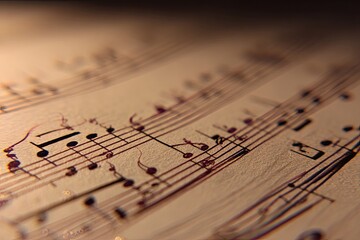 Close-up view of old sheet music.  Intricate musical notation,  with faded,  vintage paper texture.  Soft lighting emphasizes the  notes