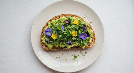 Overhead Vegan Avocado Toast with Microgreens and Edible Flowers