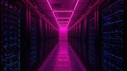 Conceptual Structure for AI, Technology, and Contemporary Telecom in a Dimly Lit Data Facility with Neon Accents