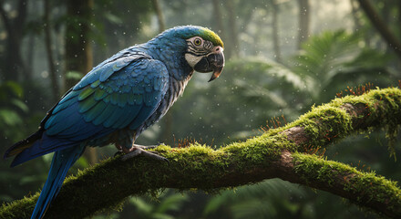 Macro Close-Up of Dew-Covered Tropical Bird in Rainforest