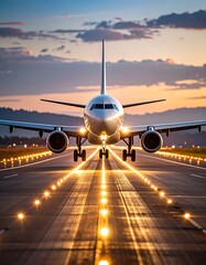 Airplane taxiing down runway at sunset