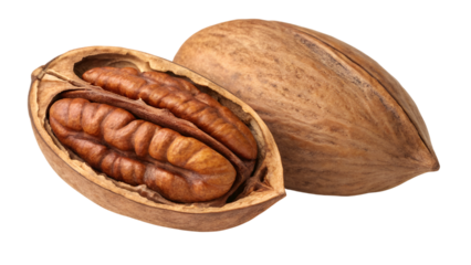 top view realistic pecan nut with shell isolated on transparent background