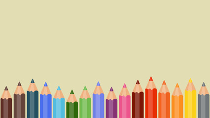 Row of colorful pencils in rainbow palette on beige background. Vector illustration of sharpened crayons for school, art, design, creativity, education, stationery, drawing, and artistic concept.