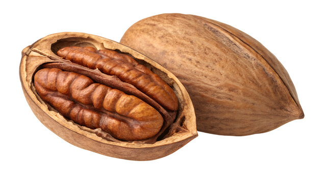 top view realistic pecan nut with shell isolated on transparent background