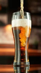 Pouring Beer into Large Glass with Blur Interior Background. Detail of Pint of Beer, Beverages...