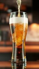 Pouring Beer into Large Glass with Blur Interior Background. Detail of Pint of Beer, Beverages...