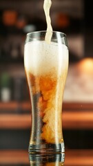 Pouring Beer into Large Glass with Blur Interior Background. Detail of Pint of Beer, Beverages...