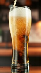 Pouring Beer into Large Glass with Blur Interior Background. Detail of Pint of Beer, Beverages...