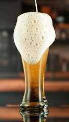 Pouring Beer into Large Glass with Blur Interior Background. Detail of Pint of Beer, Beverages Background. Vertical Aspect Ratio.