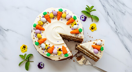 Fototapeta premium Carrot Cake with Easter Decorations and Cut Slice