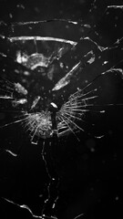 Bullet Destruction. Dirty Glass Broken into a Large Number of Pieces and Parts, a Piece of Glass with a lot of Cracks and Broken Parts. Isolated on Black Background.