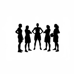 Women s basketball team huddled together listening to coach silhouette isolated on white background