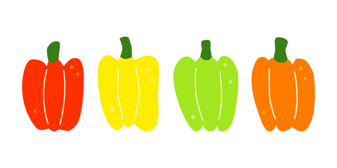 Set of cute hand drawn flat red, yellow, green and orange bell peppers isolated on white background. Healthy vegetarian food. Summer and autumn harvest.