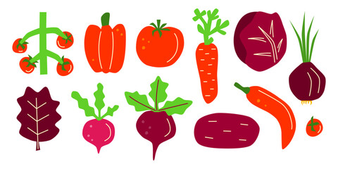 Set of cute hand drawn flat red and purple vegetables isolated on white background. Colorful vitamin food in modern style. Autumn harvest farm festival. Healthy vegetarian nutrition.