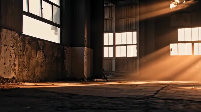 Sunbeams fill an abandoned factory