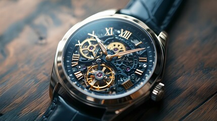 Intricate mechanical watch movement with roman numerals and leather strap