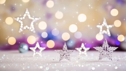 Holiday-themed image of various star decorations on sparkling white surface with magical bokeh and light effects in background