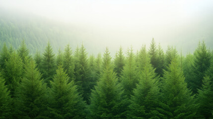Fototapeta premium A serene, mysterious forest of coniferous trees fading into a misty sky.