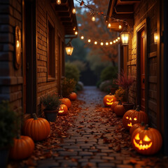 Obraz premium Spooky jack-o'-lanterns light up the dark autumn night, their carved faces glowing with a fiery orange light