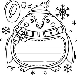 Kids memo note frame with funny cute penguin animal wearing a winter hat and scarf, surrounded by snowflakes and popsicle in thought bubble. Vector monochrome, linear album or diary border template