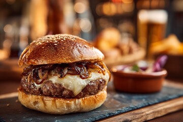 A close up shot of a gourmet burger with caramelized onions and melted cheese on a slate plate