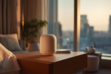 Modern Smart Speaker on Hotel Nightstand at Sunset