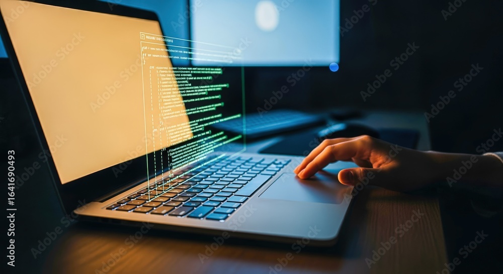 Aufkleber coding on laptop: developer typing code on computer screen in dark room - cybersecurity concept