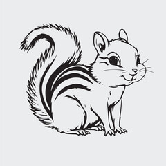 Fototapeta premium Detailed black-and-white chipmunk illustration — sitting pose with bushy tail and striped back for nature and educational design