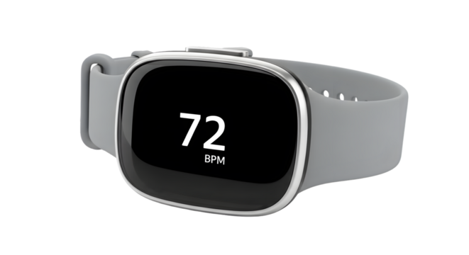 Modern gray smartwatch with digital display showing heart rate monitor isolated on transparent background - Powered by Adobe
