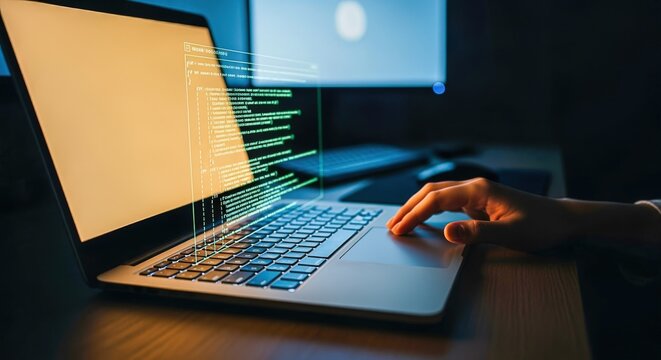 Coding on Laptop: Developer Typing Code on Computer Screen in Dark Room - Cybersecurity Concept
