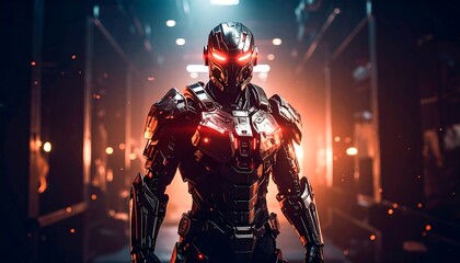 Armored figure, glowing red eyes, dark futuristic corridor
