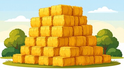 A tall stack of square hay bales in a field