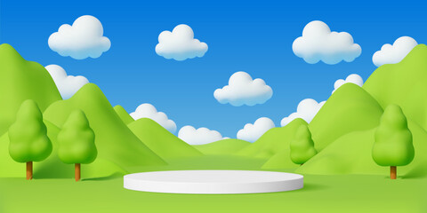Obraz na płótnie Canvas Kids podium stage with green grass, forest trees and blue sky landscape. Vector playful 3d cartoon fantasy environment background with hills, fluffy clouds and white circular platform, sunny scene