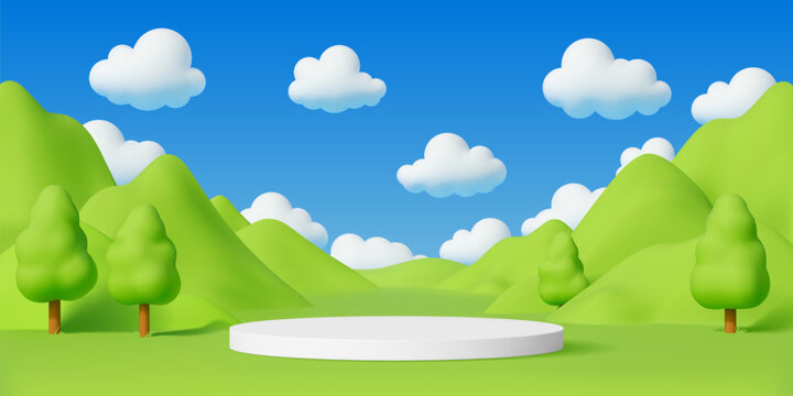 Kids podium stage with green grass, forest trees and blue sky landscape. Vector playful 3d cartoon fantasy environment background with hills, fluffy clouds and white circular platform, sunny scene