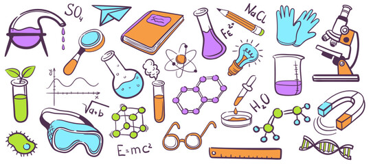 Doodle chemistry tools. Science lab chemical equipment stickers, scientific research elements school biology laboratory experiment elements, cartoon set neat vector illustration