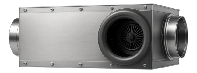 Horizontal ducted air handling unit with a centrifugal fan for commercial building use.