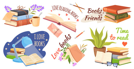 Love books reading. Cartoon book pile for read, cozy home library reader hobby concept textbook stack encyclopedia study literature academic education, neat vector illustration
