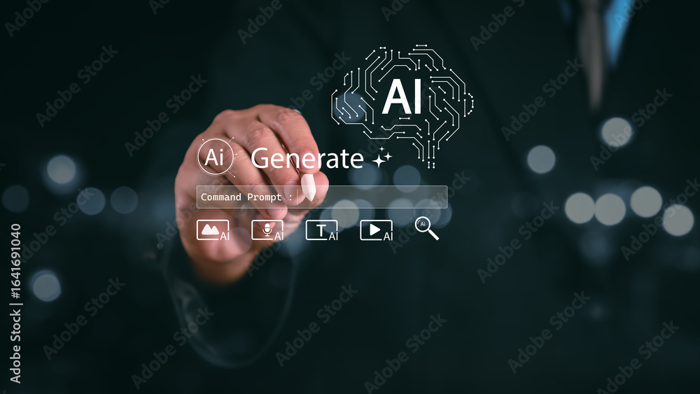 Poster ai technology, artificial intelligence. businessman show technology smart robot ai, artificial intel
