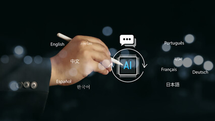 Translator app and languages education concept. Person use pencil  write with translator app to translation of foreign languages. Language course and e-learning.