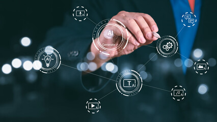 Professional businessman interacts with AI-powered digital interface featuring multimedia icons for image, audio, music, text, and video, representing future-ready business technology.