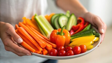 Mindful Eating Journey Concept. Fresh, colorful vegetables arranged on a plate, highlighting a healthy lifestyle choice.