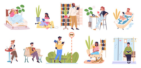 Fototapeta premium People readers books. Students read book, young adult man woman reading textbook storybook literature hobby home library study leisure smart characters, classy vector illustration
