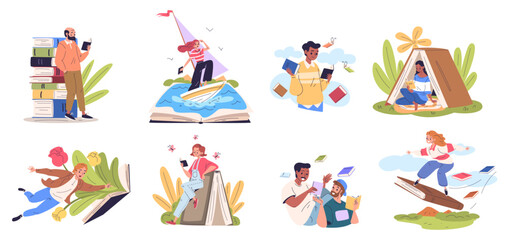 People book concept. Readers read fiction books, student person reading study textbook world literature knowledge share friend literature home library, classy vector illustration