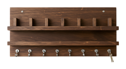 Brown wood texture showcases an organizer shelf with metal hooks and soft lighting for product photography, posters, or interior design.